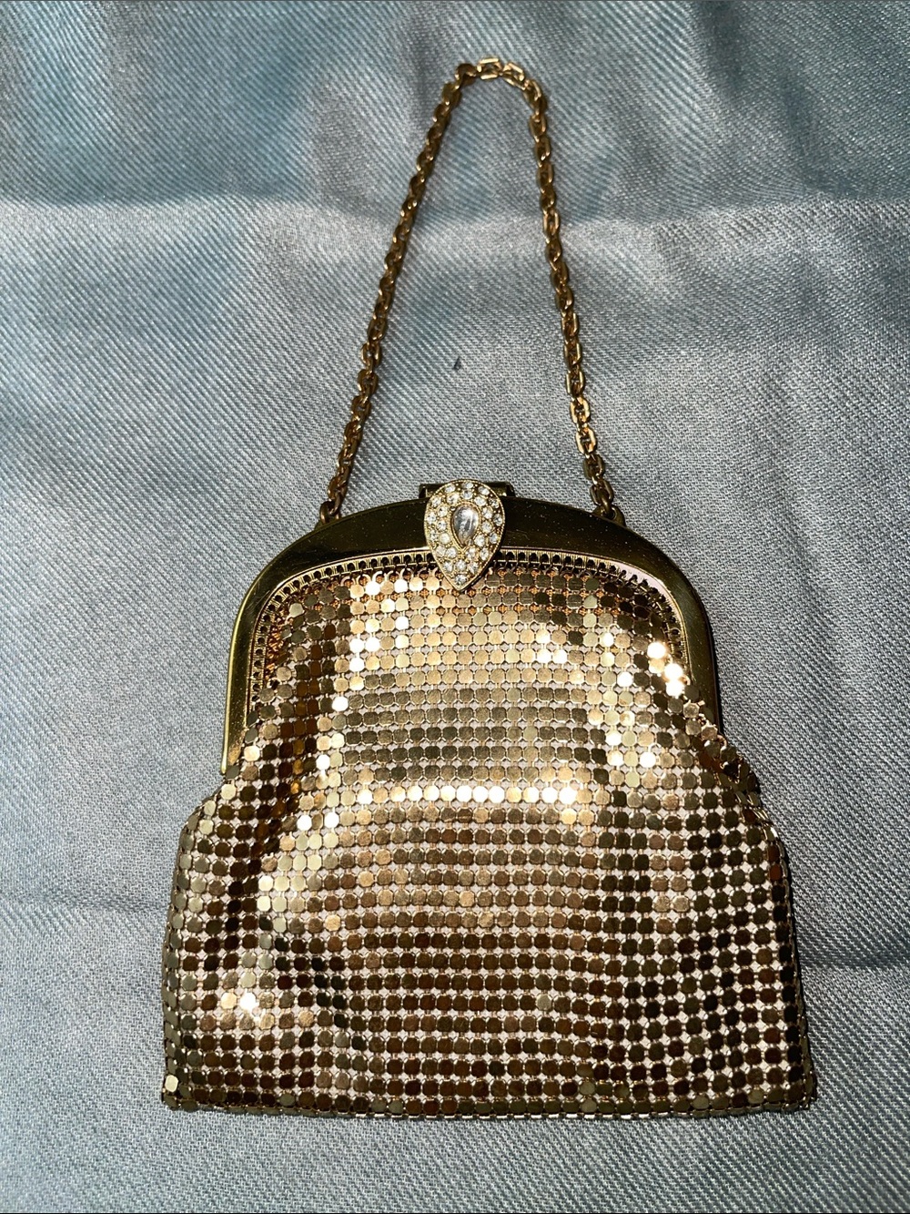 Whiting & Davis Gold Mesh Evening Bag Wristlet Clutch with Crystal Clasp